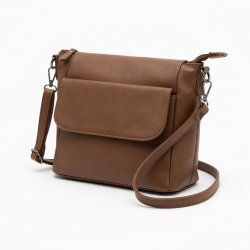 Brown Shoulder Bag For Women Faux Leather Small Detachable Strap Flap