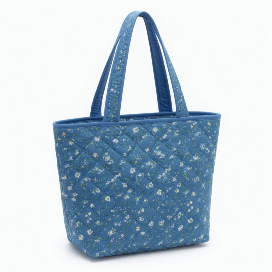 Handmade Quilted Tote Bag Blue Floral Cotton Shoulder